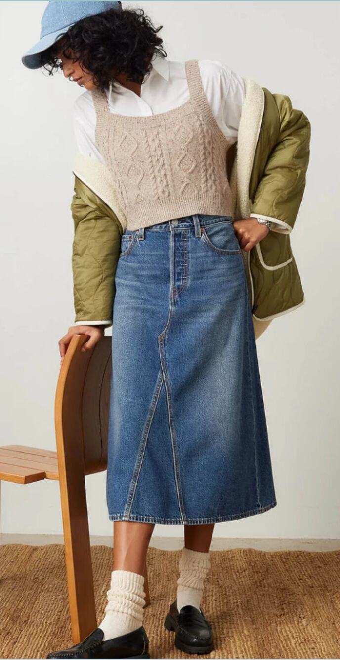 Levi's Premium High Rise A-Line Button Fly Decon Denim Blue Jean Skirt 30 NWT